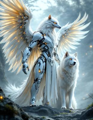 The primary subject of the image is a white wolf with a glowing aura, standing next to a white wolf with a glowing aura. The setting is a rocky area with a sky background. The visual style is digital art, and the colors and mood are predominantly white and glowing, creating a serene and magical atmosphere.